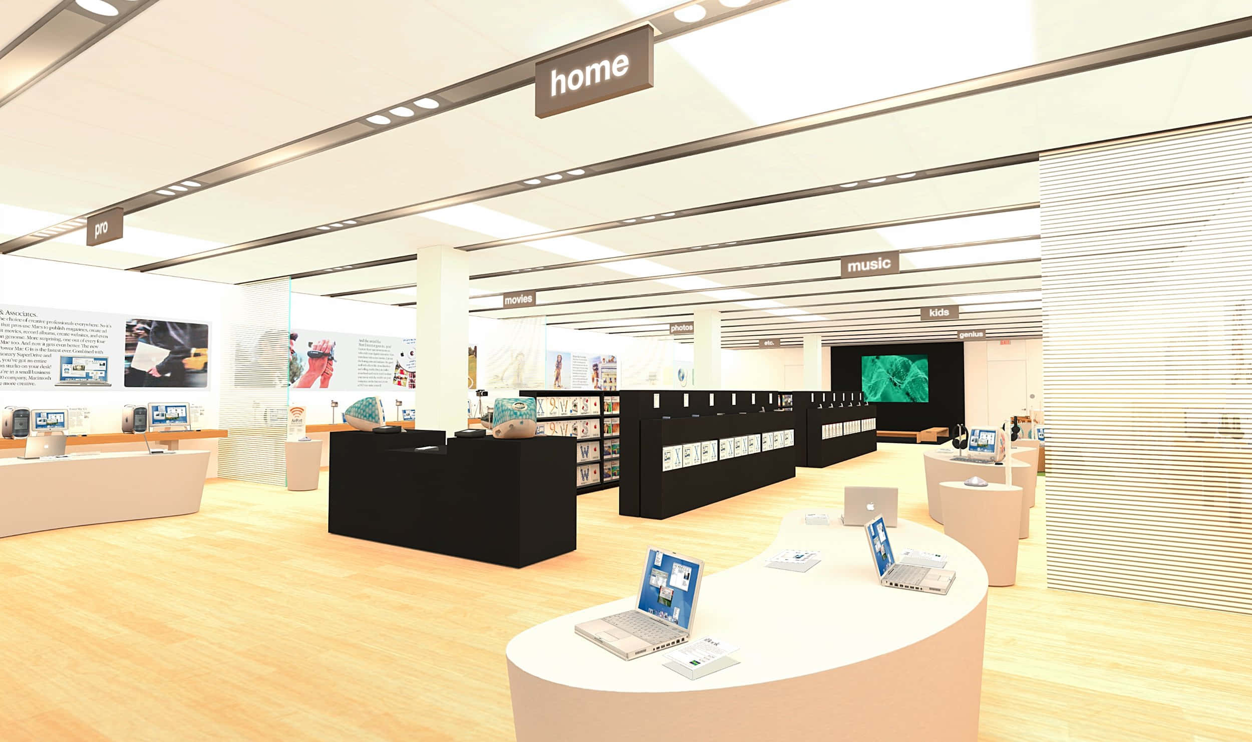 Apple Store 桌布 壁紙 — 現代簡約電子產品店，配備時尚白色顯示屏、黑色貨架和弧形桌上的筆記本電腦，上方有明亮的頂燈。