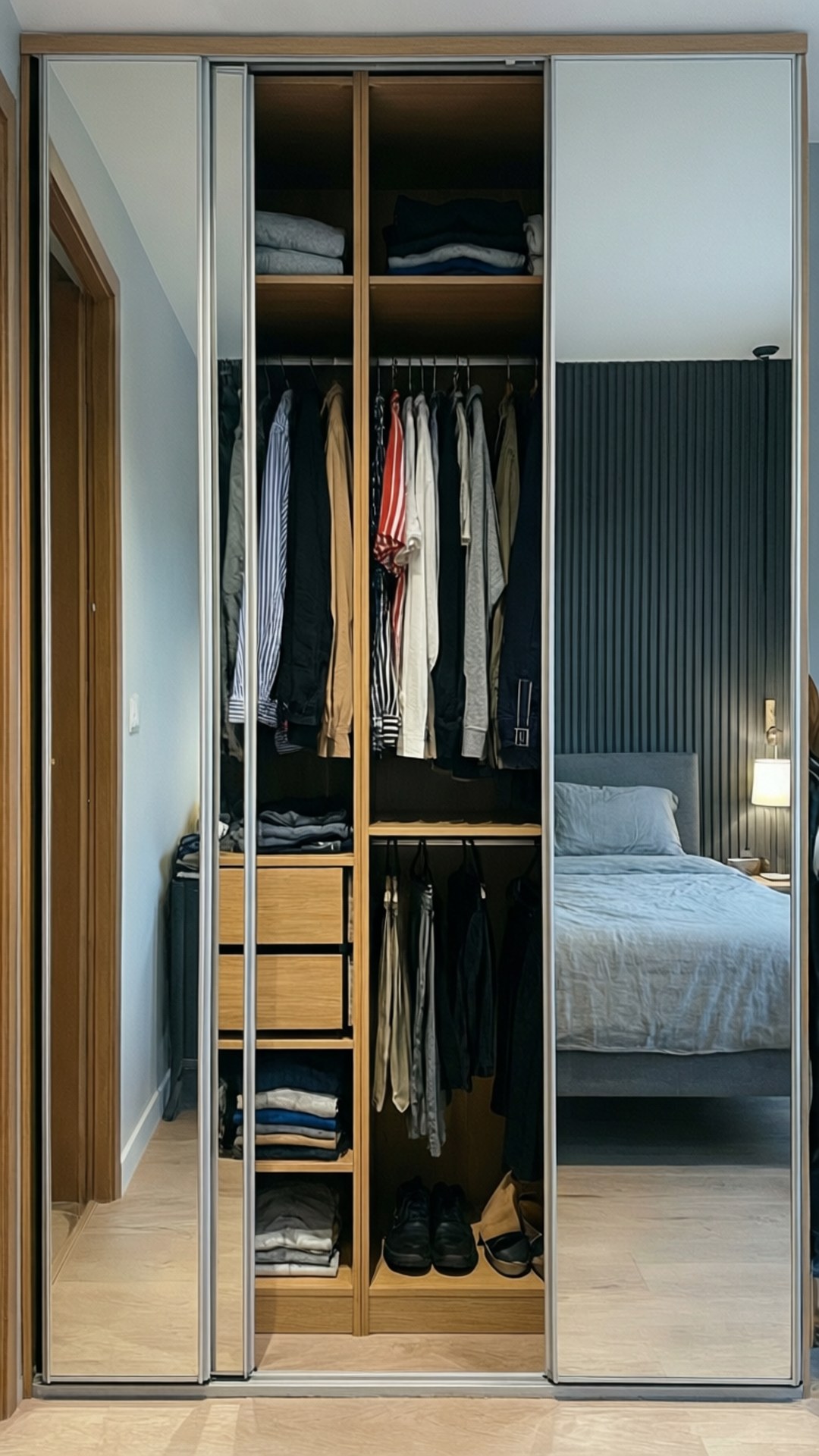 PAX Wardrobe 壁紙 — 現代鏡面趟門衣櫃揭示整齊有序的衣物層架，以及一張床和床頭燈的舒適臥室。