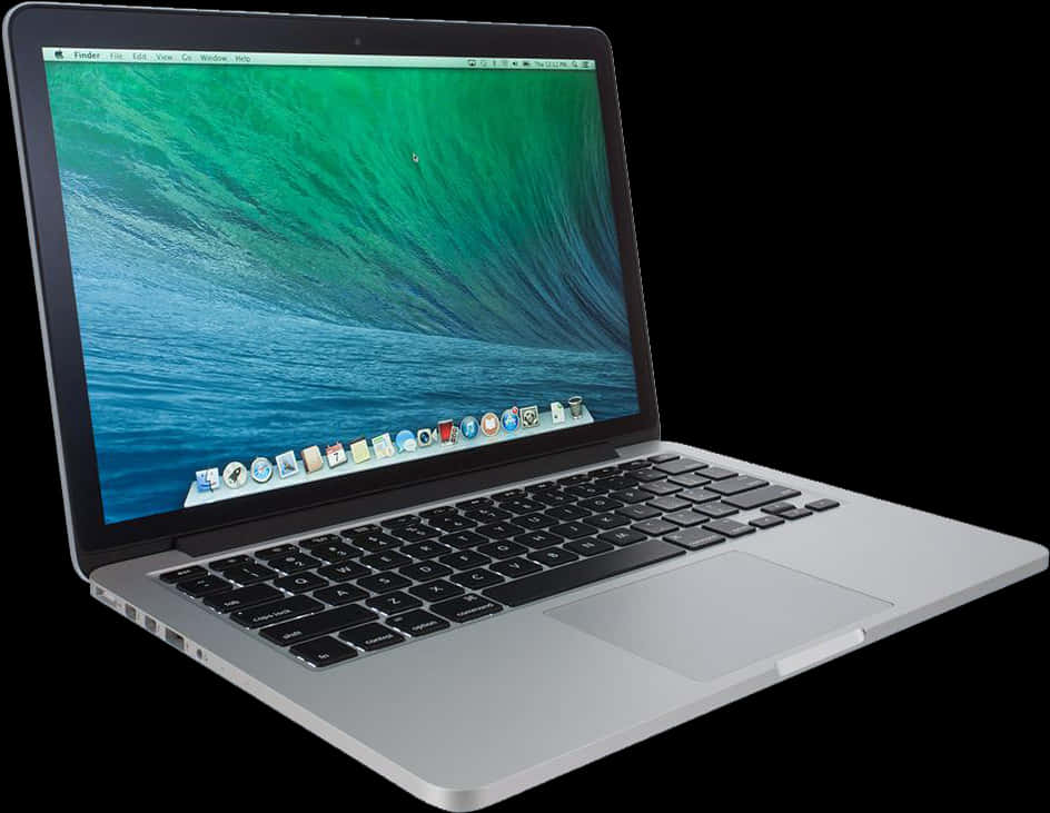 Modern Laptopon Black Background 壁紙 — 銀色手提電腦在黑色背景上打開，顯示藍綠色海浪壁紙和 Dock 圖示。