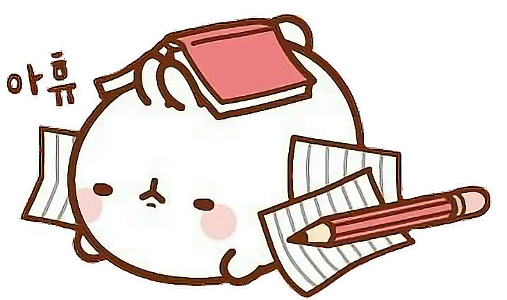 Molang 勤奮學習圖 壁紙 — 一個可愛的卡通角色被埋在書本和鉛筆下，看起來因學習而疲憊不堪。