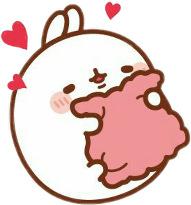 Molang 愛的擁抱 壁紙 — 一隻可愛的白色卡通兔，帶有棕色輪廓，親吻一朵粉紅色蓬鬆的雲，周圍漂浮著三個紅色心形。