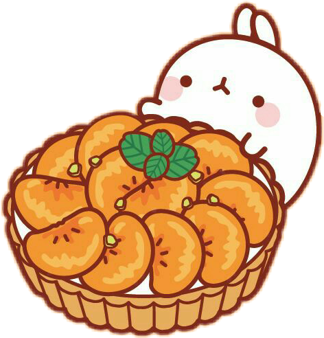 Molang 與桃子籃 壁紙 — 一隻可愛的卡通兔子從一個裝滿橙瓣和綠色薄荷葉的金黃色撻上探出頭來。