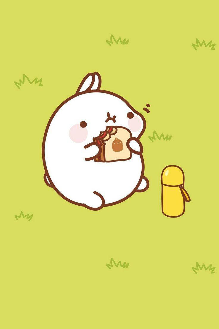 Molang 吃三明治 壁紙 — 一隻可愛的白兔，臉頰紅潤，開心地在淺綠色草地上吃三明治，旁邊有一個黃色保溫瓶。