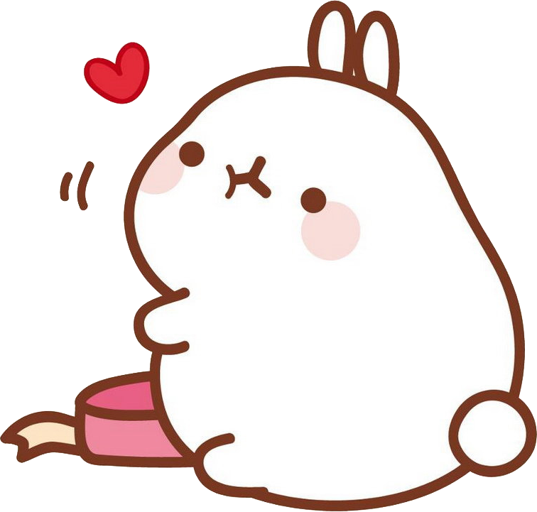 Molang 坐著與心形 壁紙 — 一隻可愛的白色卡通兔，帶有棕色輪廓，臉頰泛紅，旁邊漂浮著一顆紅心。
