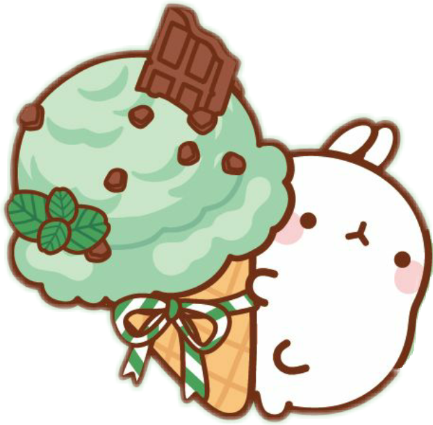 Molang 冰淇淋甜筒可愛 壁紙 — 一隻可愛的白兔抱著一個薄荷朱古力碎雪糕筒，上面有朱古力條和薄荷葉。