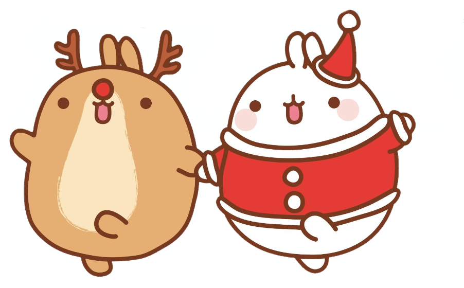 Molang 與 Piu Piu 聖誕服裝 壁紙 — 兩隻可愛的卡通動物，一隻馴鹿和一隻兔子，穿著節日服裝，站在風格化的藍色和黑色背景前。