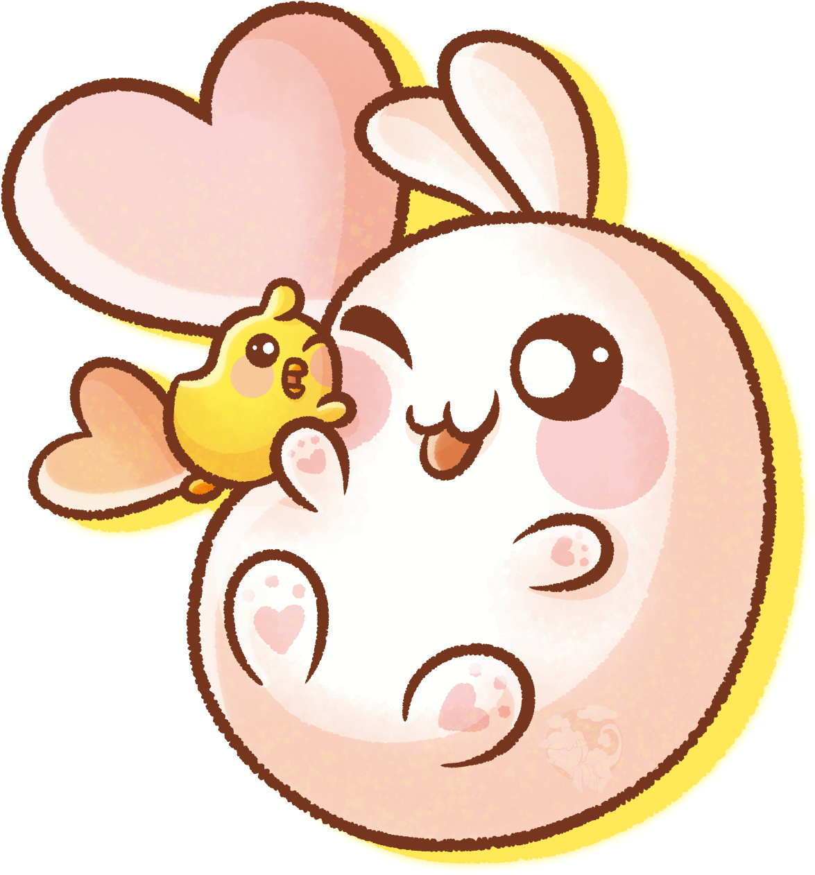 Molang 與小雞的友誼 壁紙 — 一隻可愛的白兔，帶有粉紅色的腮紅和黃色輪廓，在黑色背景上抱著一隻帶有心形翅膀的小黃鳥。