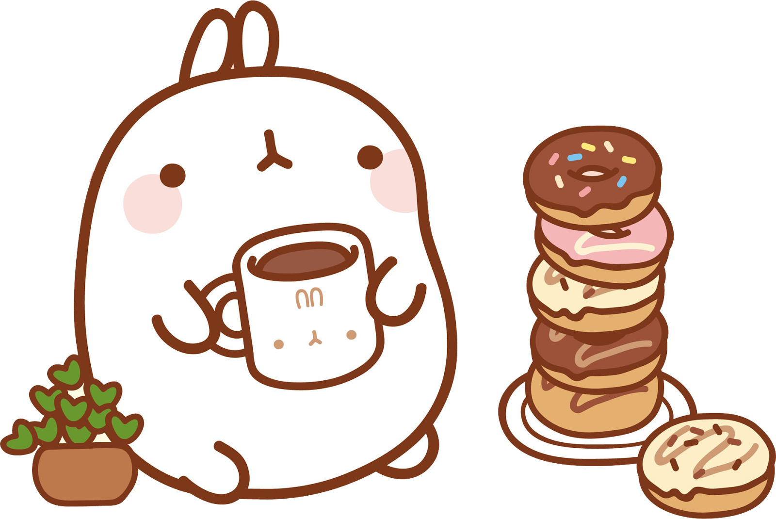 Molang 咖啡與甜甜圈 壁紙 — 一隻可愛的白兔角色喺一堆色彩繽紛嘅冬甩同細小盆栽旁邊飲咖啡。