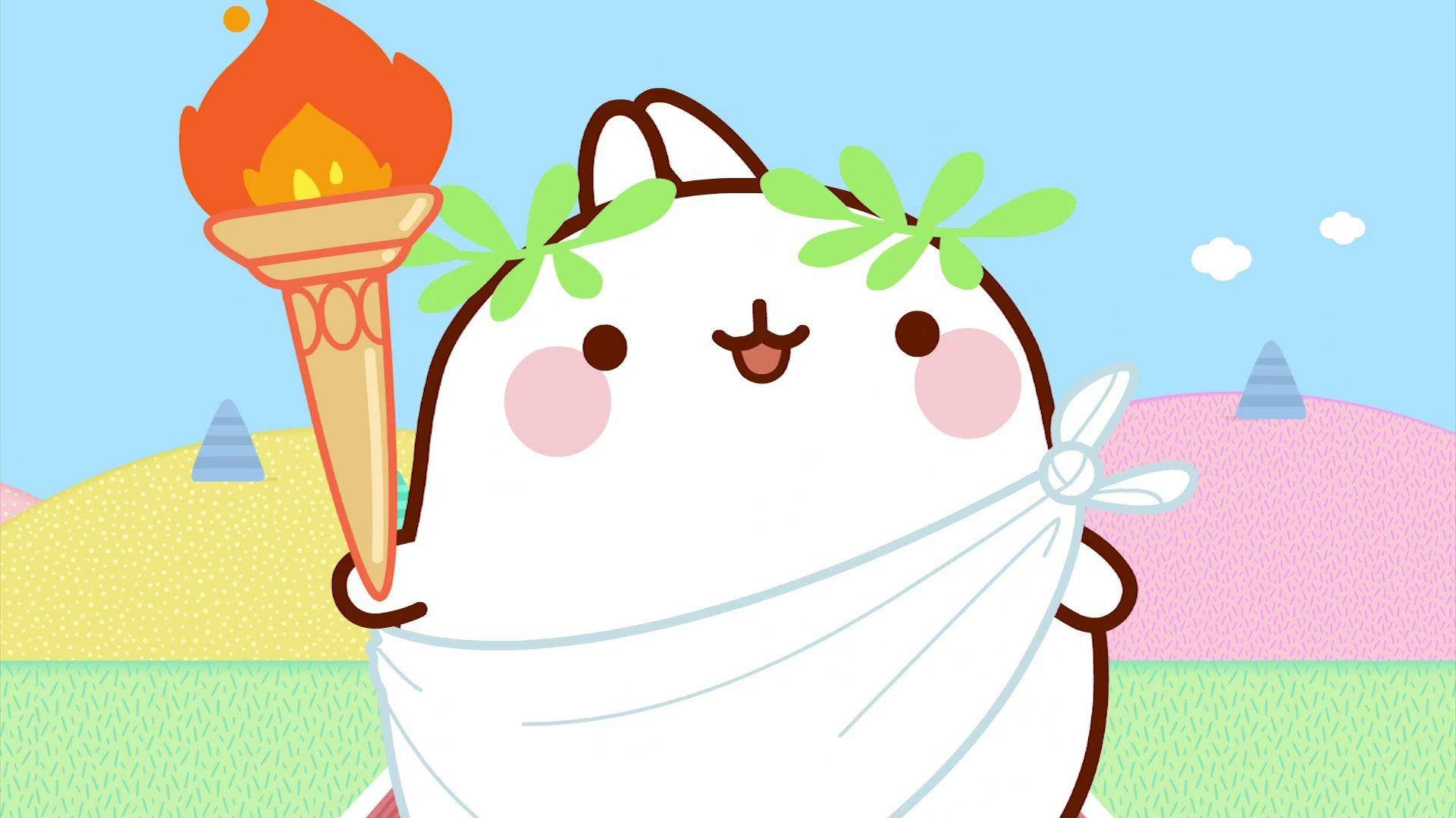 Molang 手持火炬 壁紙 — 一隻可愛的卡通貓穿著托加袍和桂冠，在柔和色調的風景中手持燃燒的火炬。