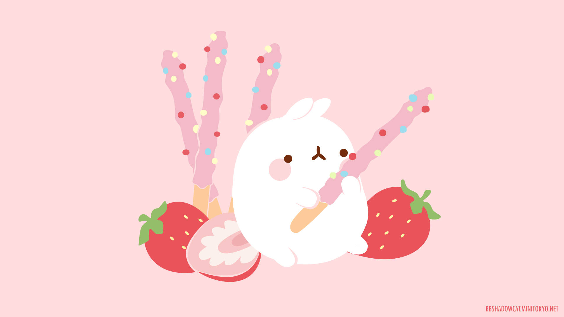 Molang 手持草莓Pocky 壁紙 — 一隻可愛的白兔開心咁攞住一支粉紅色嘅彩針雪條，周圍係新鮮嘅士多啤梨，背景係柔和嘅粉紅色。