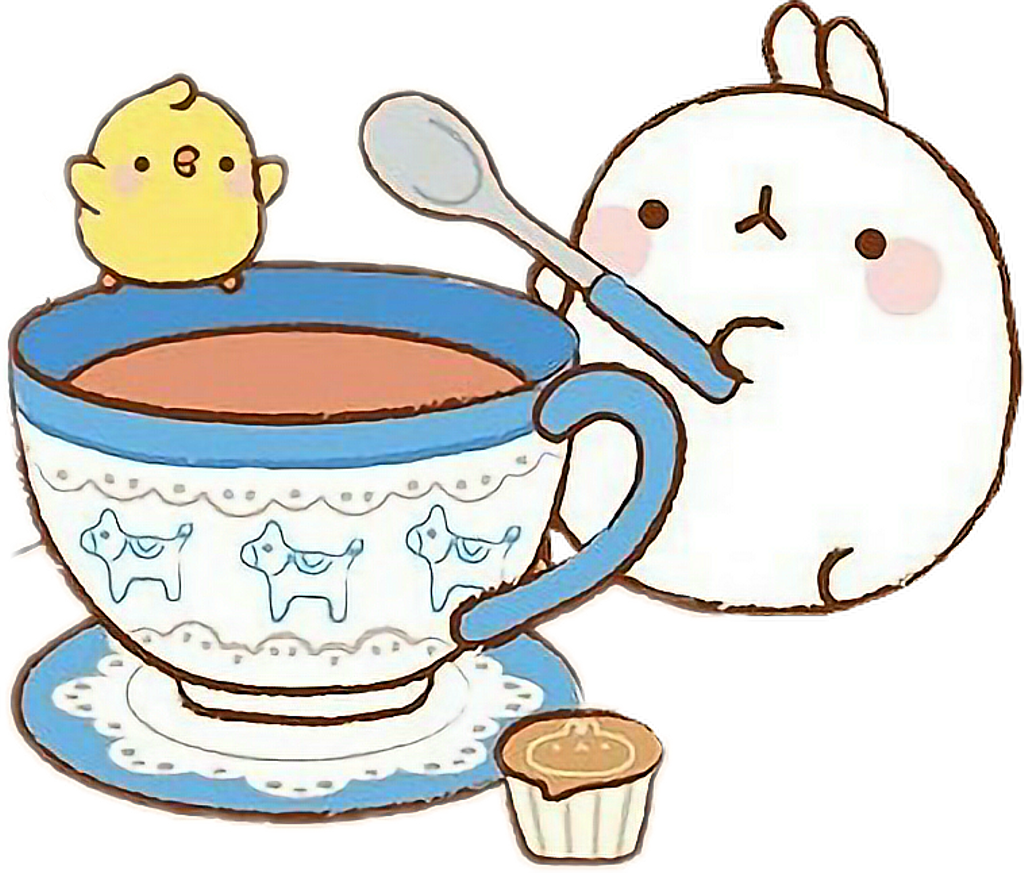 Molang 與 Piu Piu 喝茶時光 壁紙 — 一隻可愛的白兔拿著湯匙，靠著一個藍邊茶杯，而一隻黃色小雞則棲息在杯緣上。