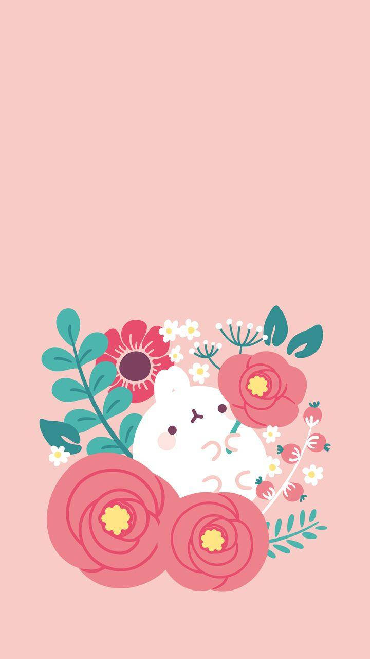 Molang 與花朵 壁紙 — 一隻可愛的白兔從充滿活力的花卉佈置後面探出頭來，背景是柔和的粉紅色。