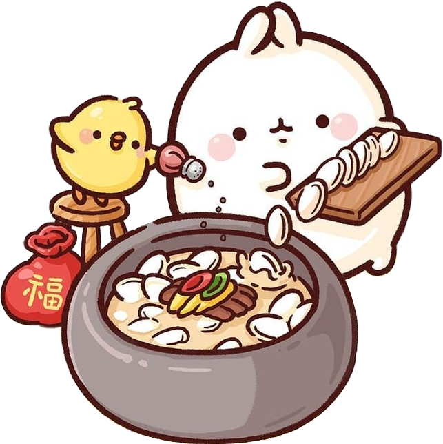 Molang與Piu Piu享用火鍋 壁紙 — 一隻可愛的白兔和黃色小雞正在準備一鍋冒著熱氣的餃子，附近有一個喜慶的紅包袋。