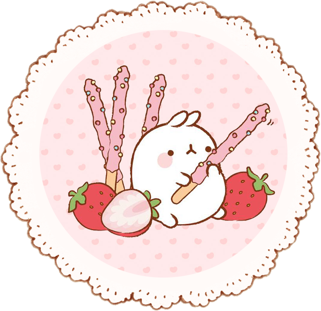 Molang享用草莓Pocky 壁紙 — 一隻可愛的白兔正在開心吃著粉紅草莓棒棒糖，周圍是新鮮草莓，背景是粉紅圓點圖案。