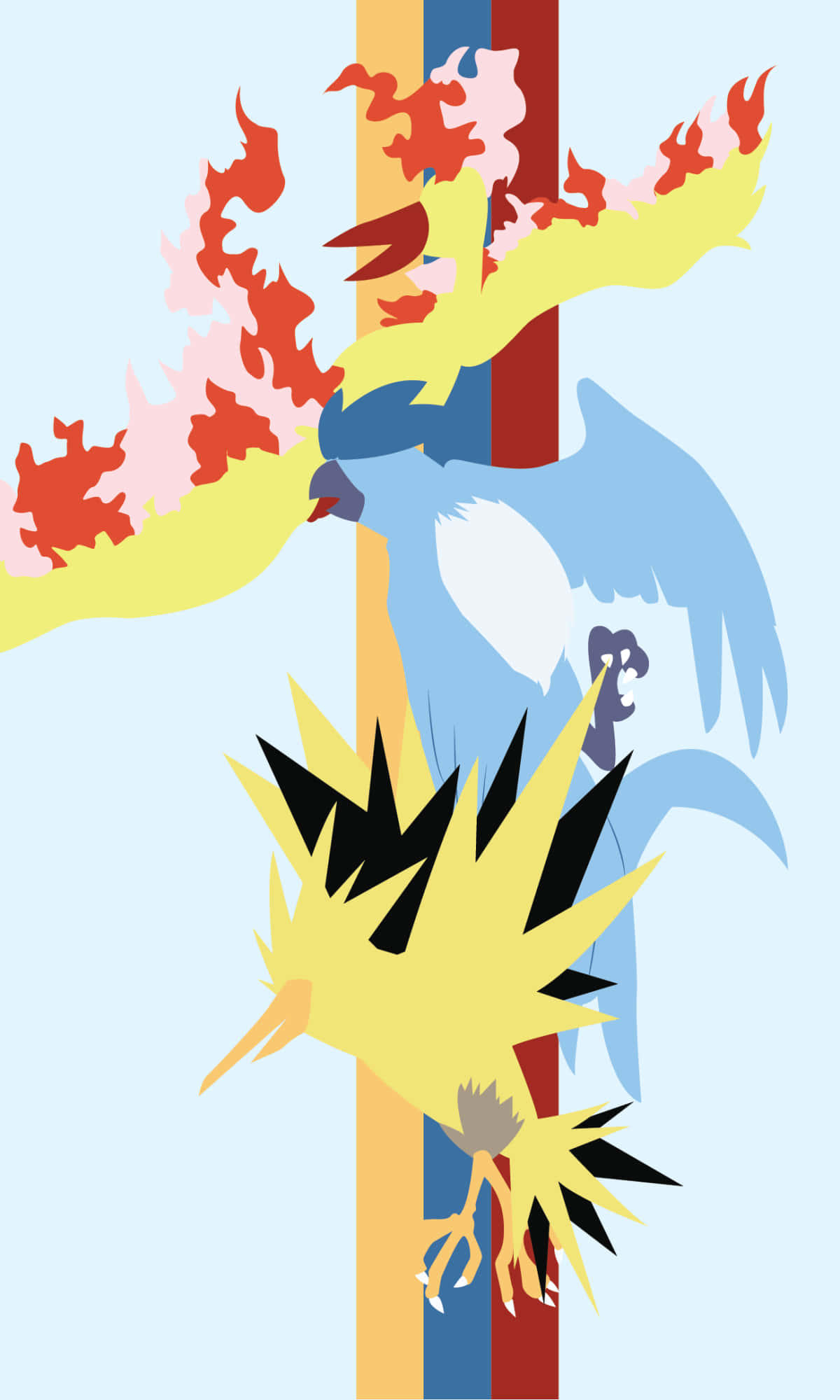 Moltres、Articuno與Zapdos條紋背景 壁紙 — 三隻風格化的鳥類生物，帶有火焰和電光圖案，在條紋背景上垂直翱翔。