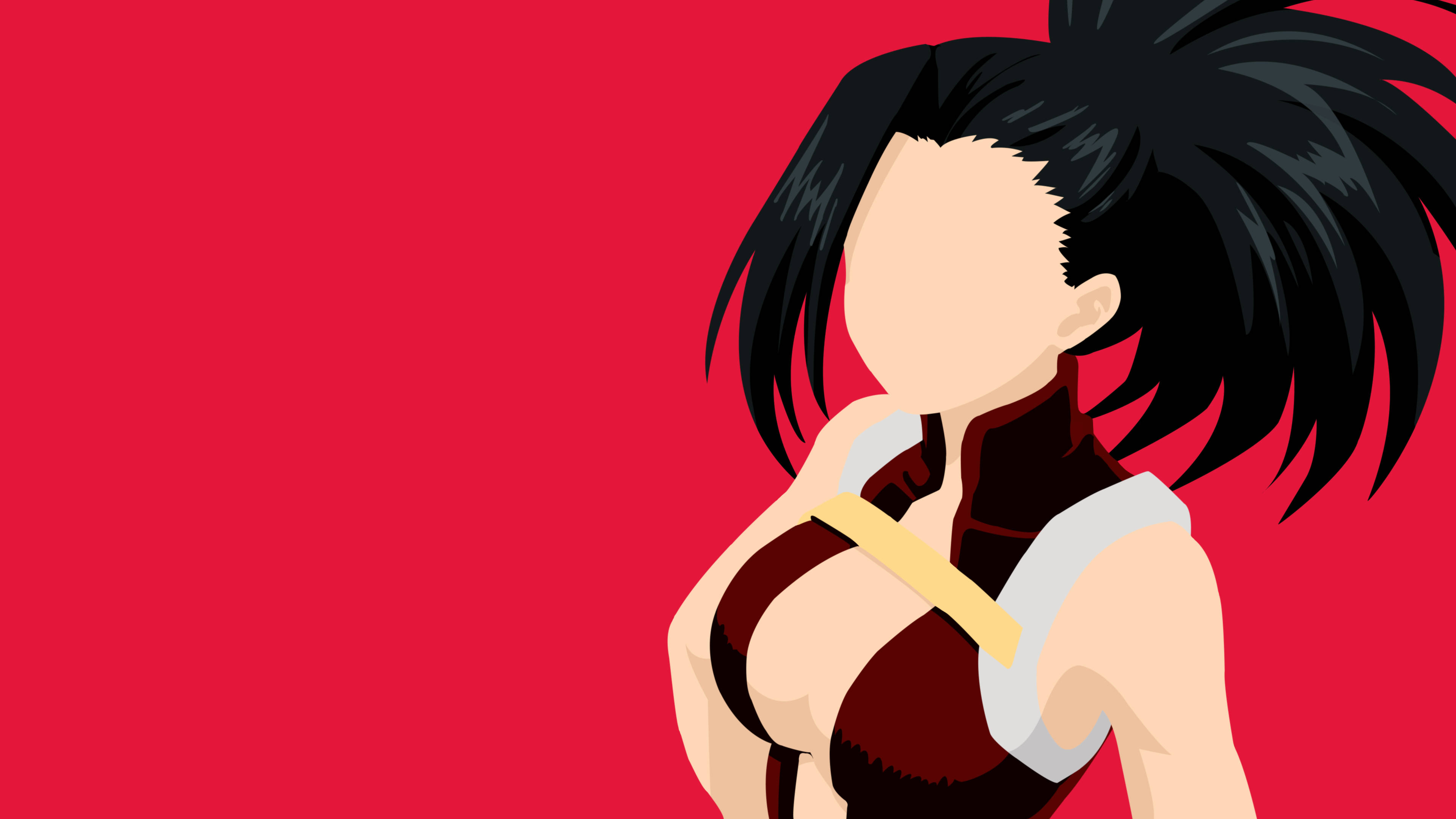 Momo Yaoyorozu 英雄服裝 壁紙 — 一個風格化的動漫女孩，黑色尖刺頭髮和紅色服裝，站在純紅色背景前。