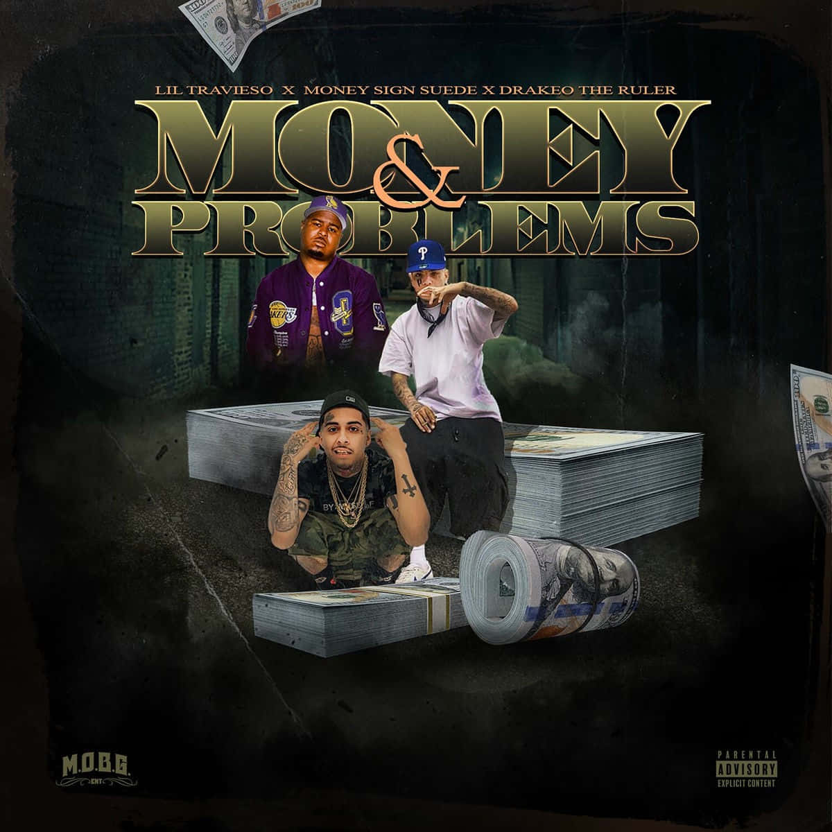 Money Problems Lil Travieso 壁紙 — 三位說唱歌手在堆積如山的現金上擺姿勢，身處一個粗獷的城市環境中，標題為「Money & Problems」。