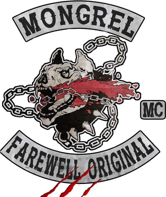 Mongrel M C 告別原版標誌 壁紙 — 一個粗獷的電單車會徽章，上面有一隻齜牙咧嘴的狗，牙齒沾滿鮮血，頭部纏繞著鎖鏈。
