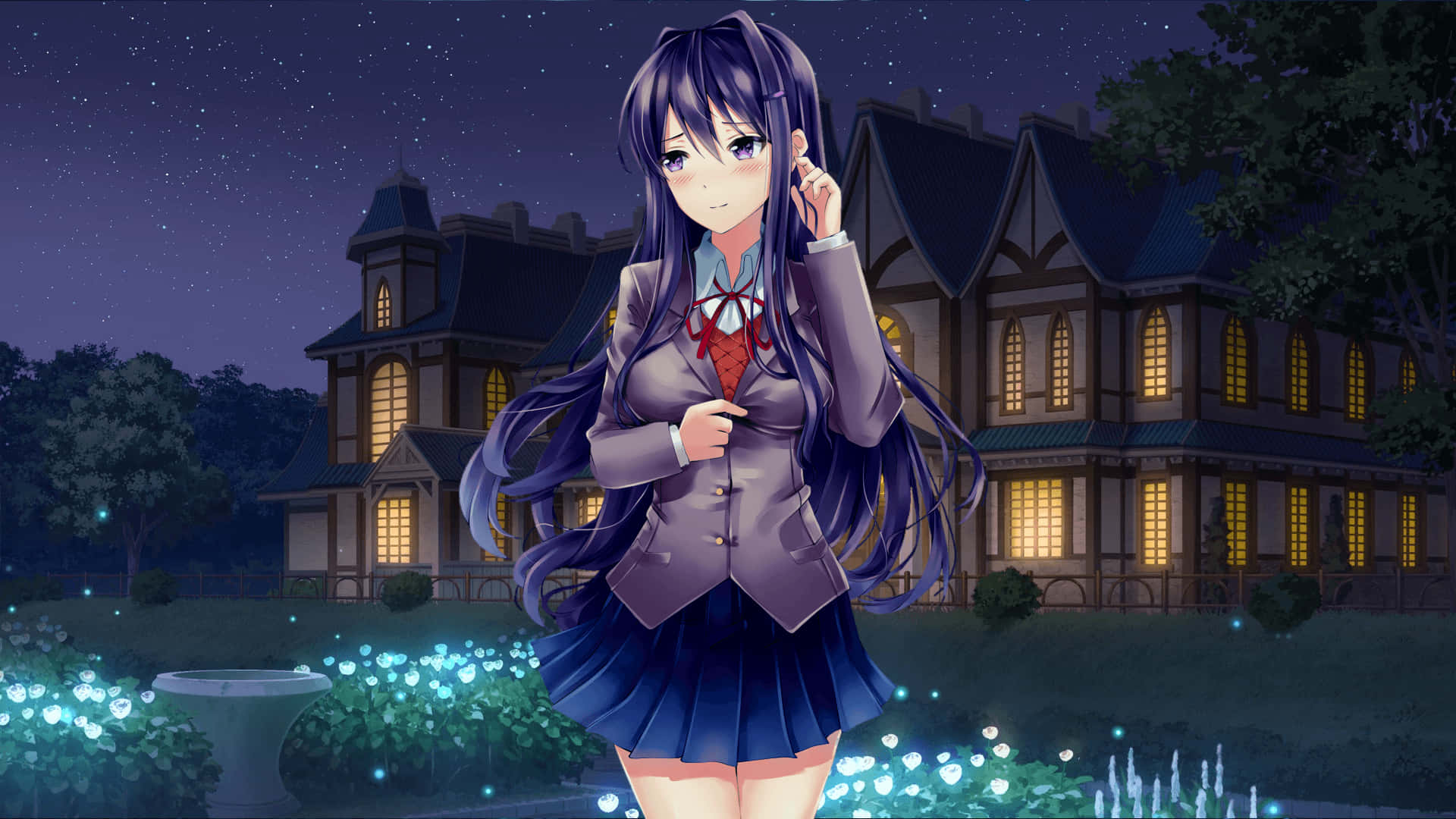 Monika 校園園藝場 CG 藝術作品 Ddlc HD 壁紙 — 一個紫色頭髮的動漫女孩穿著校服，站在星空下發光的豪宅前。