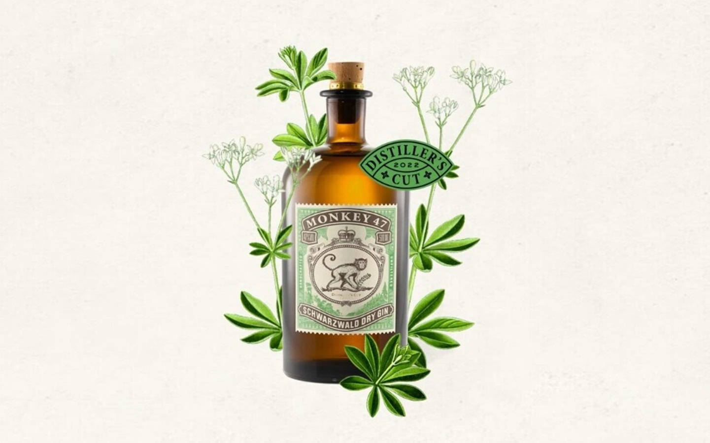 Monkey 47釀酒師特選2022 壁紙 — 一瓶復古琥珀色的Monkey 47 Schwarzwald Dry Gin，周圍環繞著新鮮的綠色香草和精緻的白色花朵，背景為有紋理的米白色。
