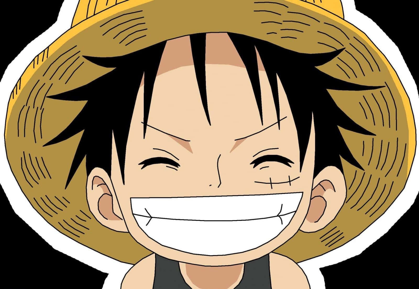 Monkey D Luffy | 草帽海賊團 壁紙 — 一個開朗的動漫男孩，黑色刺蝟頭，戴著草帽，在黑色背景前咧嘴大笑，嘴唇縫合。