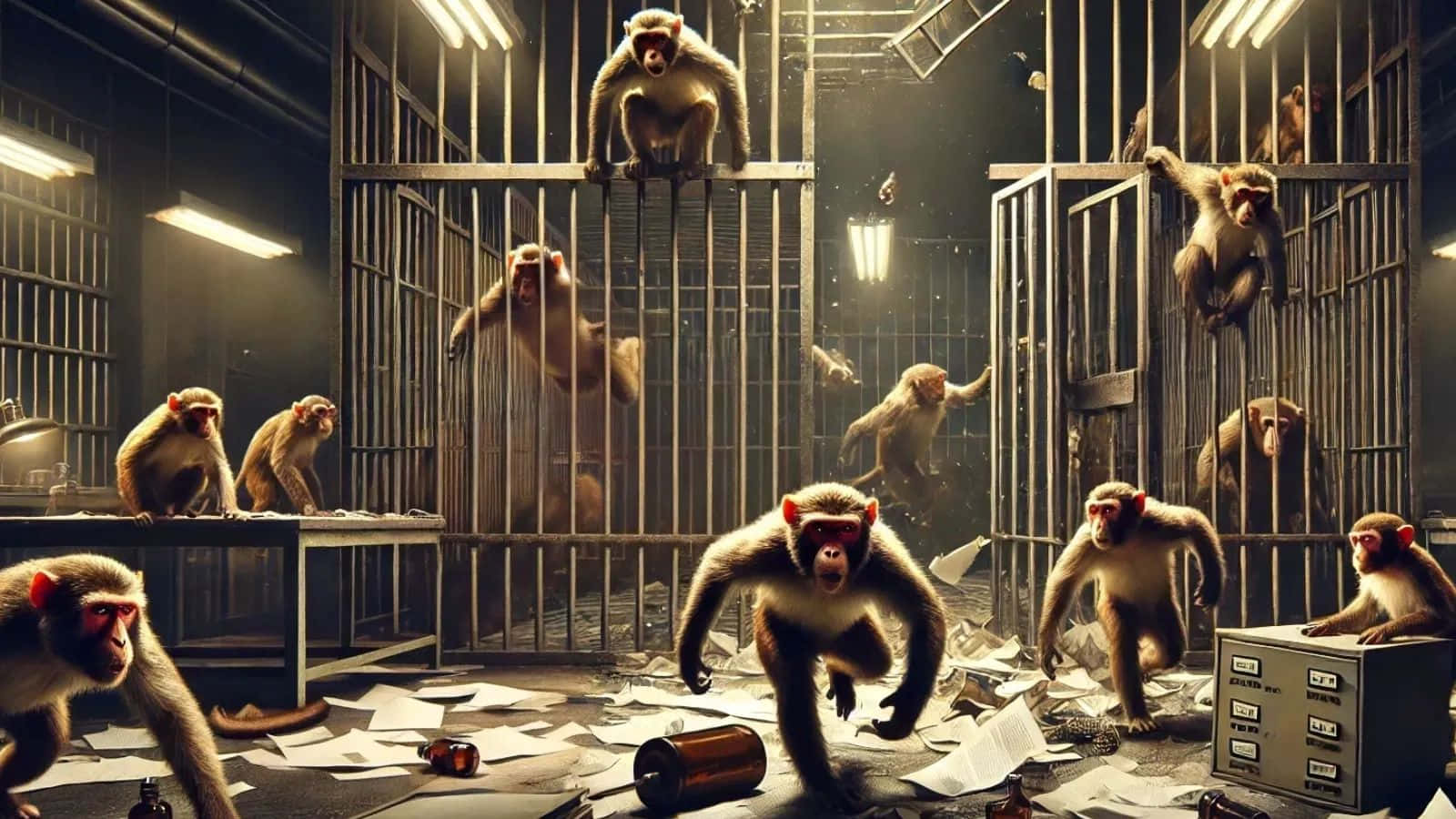  壁紙 — 猴子在混亂的籠子裡，周圍散落著紙張和碎玻璃，在刺眼的螢光燈下。