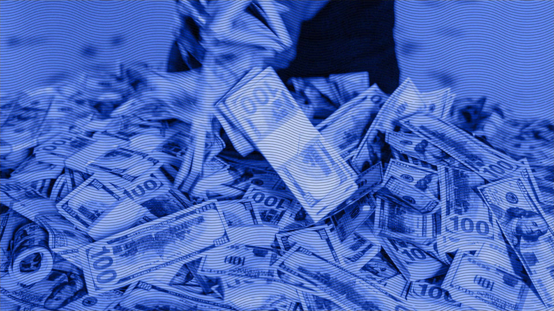  壁紙 — 一堆散落的百元美鈔，單色藍調，帶有波浪紋理疊加效果。