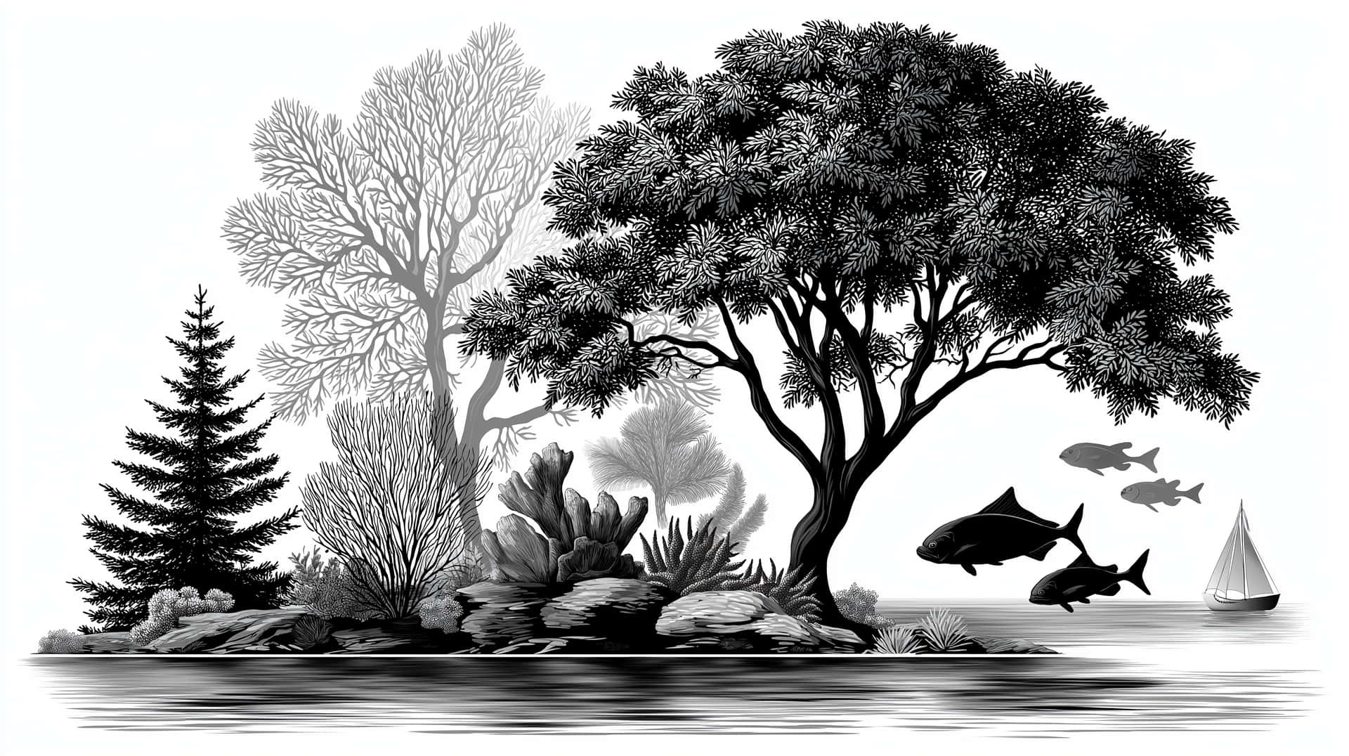 一幅黑白插圖，描繪岩石島上的樹木，水中有魚和帆船。