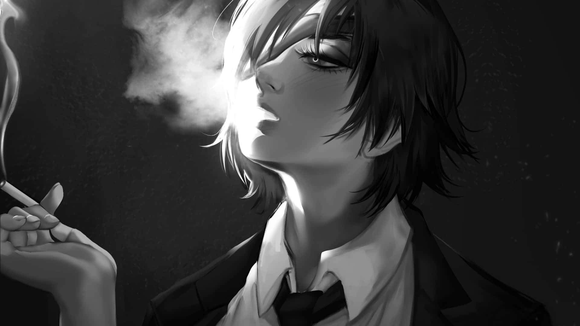  壁紙 — 一個短髮的單色動漫角色在黑暗背景中抽煙，煙霧在他們的臉周圍旋轉。