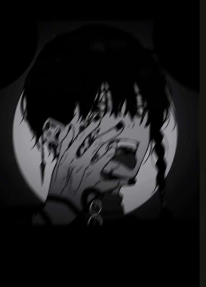 哥德風動漫男孩頭像 壁紙 — 一個黑白動漫角色，編著辮子，在強烈的圓形光線下痛苦地遮住臉。