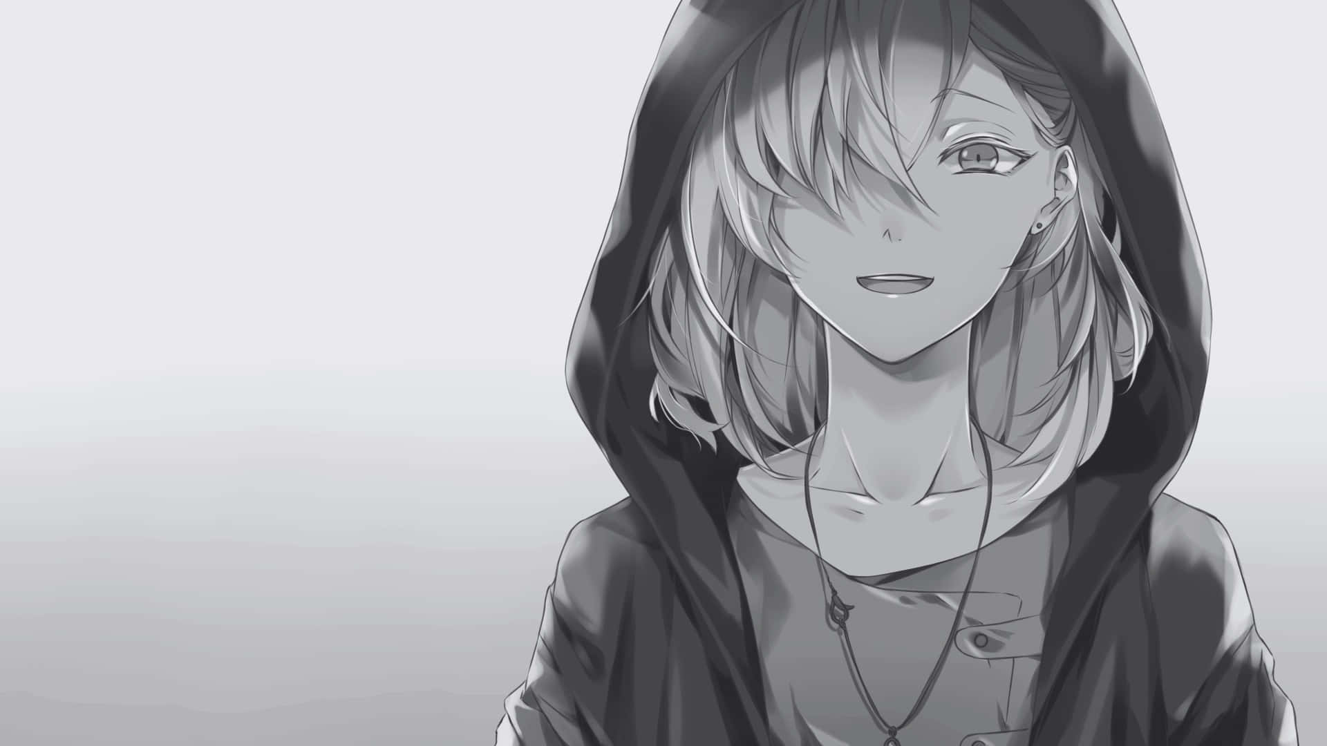  壁紙 — 一個單色動漫女孩穿著連帽外套，在灰色漸變背景上溫柔微笑。