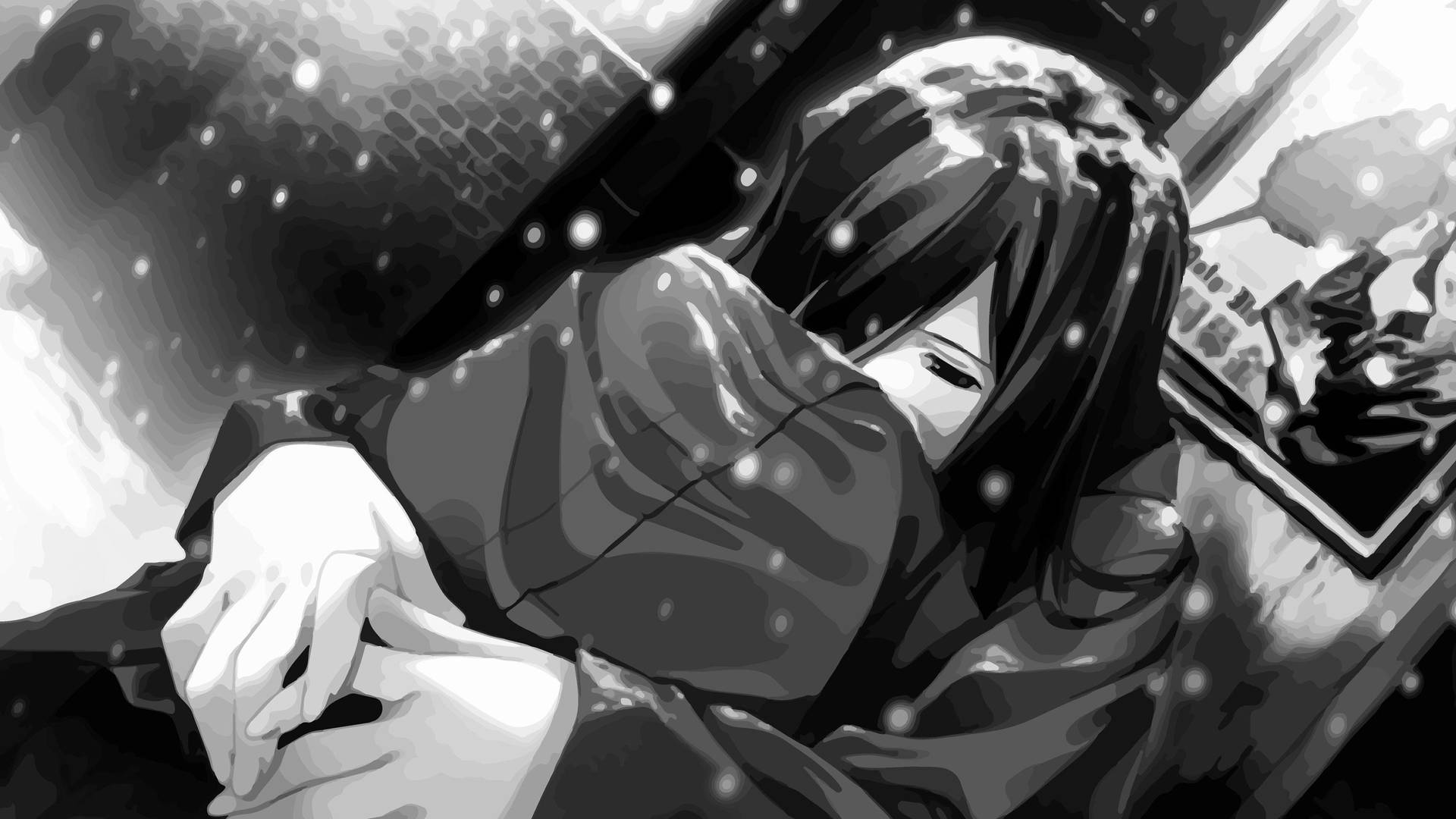 一個在雪景城市場景中緊緊抱住自己的女孩。 — 可憐動漫 壁紙