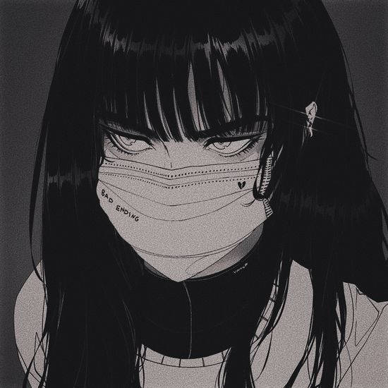 長黑髮的動漫女孩戴著印有 'BAD ENDING' 和心形的面罩。