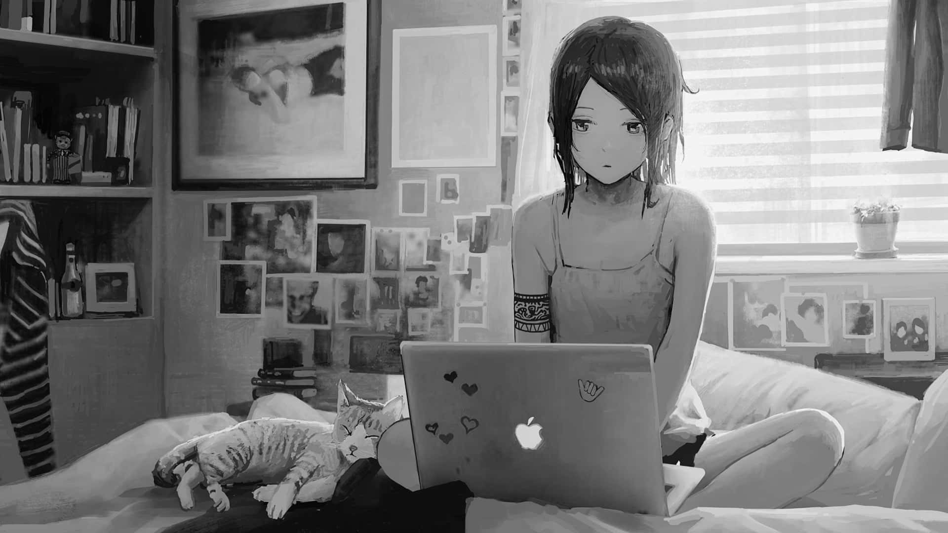  壁紙 — 一個黑白動畫女孩坐在床上使用手提電腦，一隻貓在她旁邊睡覺，房間舒適且充滿照片。