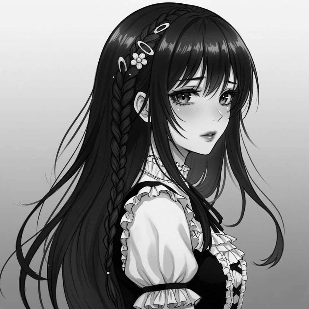  壁紙 — 一位單色動漫女孩，長辮子頭髮和花卉飾品，在純灰色背景上溫柔地凝視。