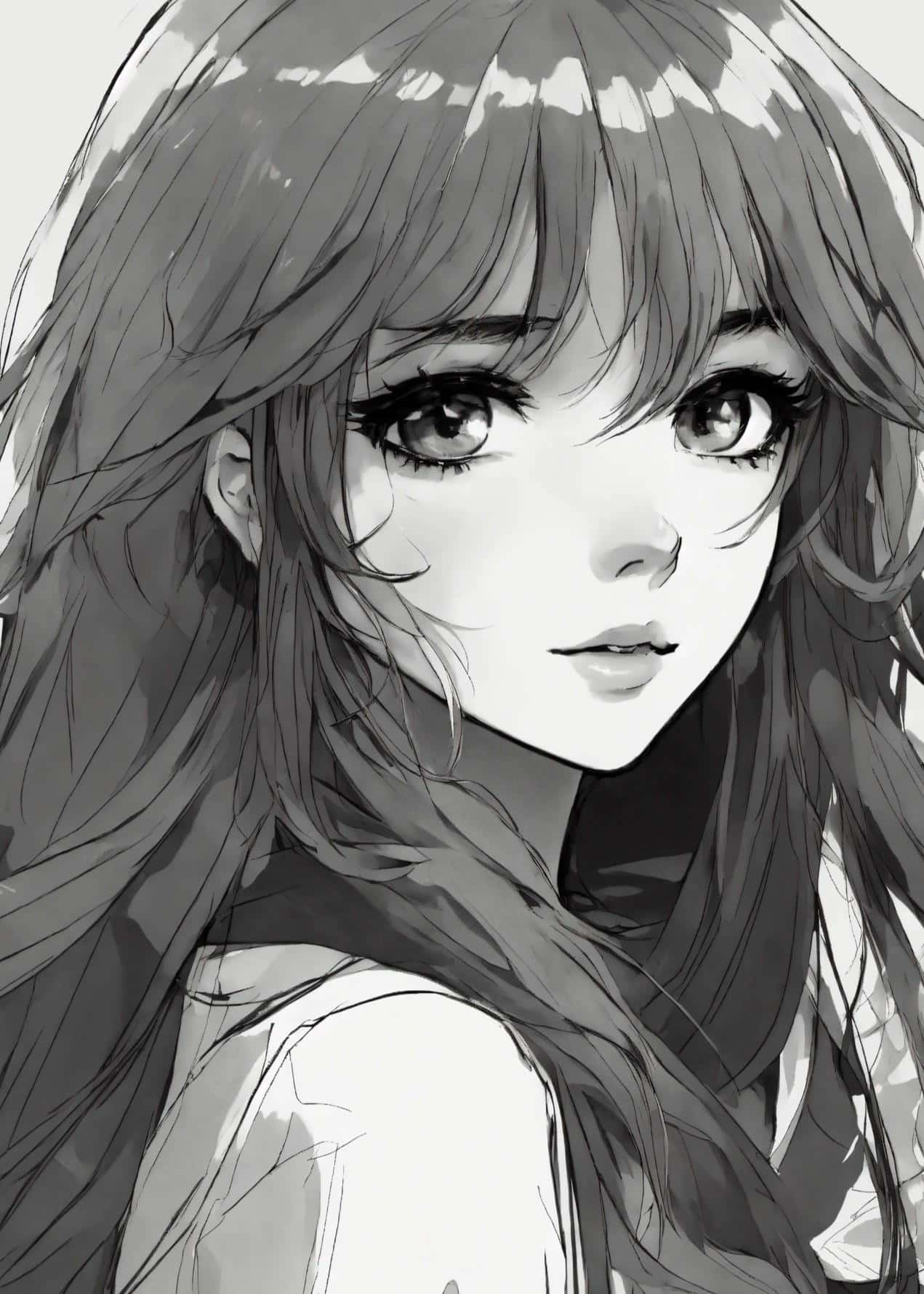  壁紙 — 一位黑白動畫女孩，長髮飄逸，眼神充滿表情，溫柔地凝視著觀眾。