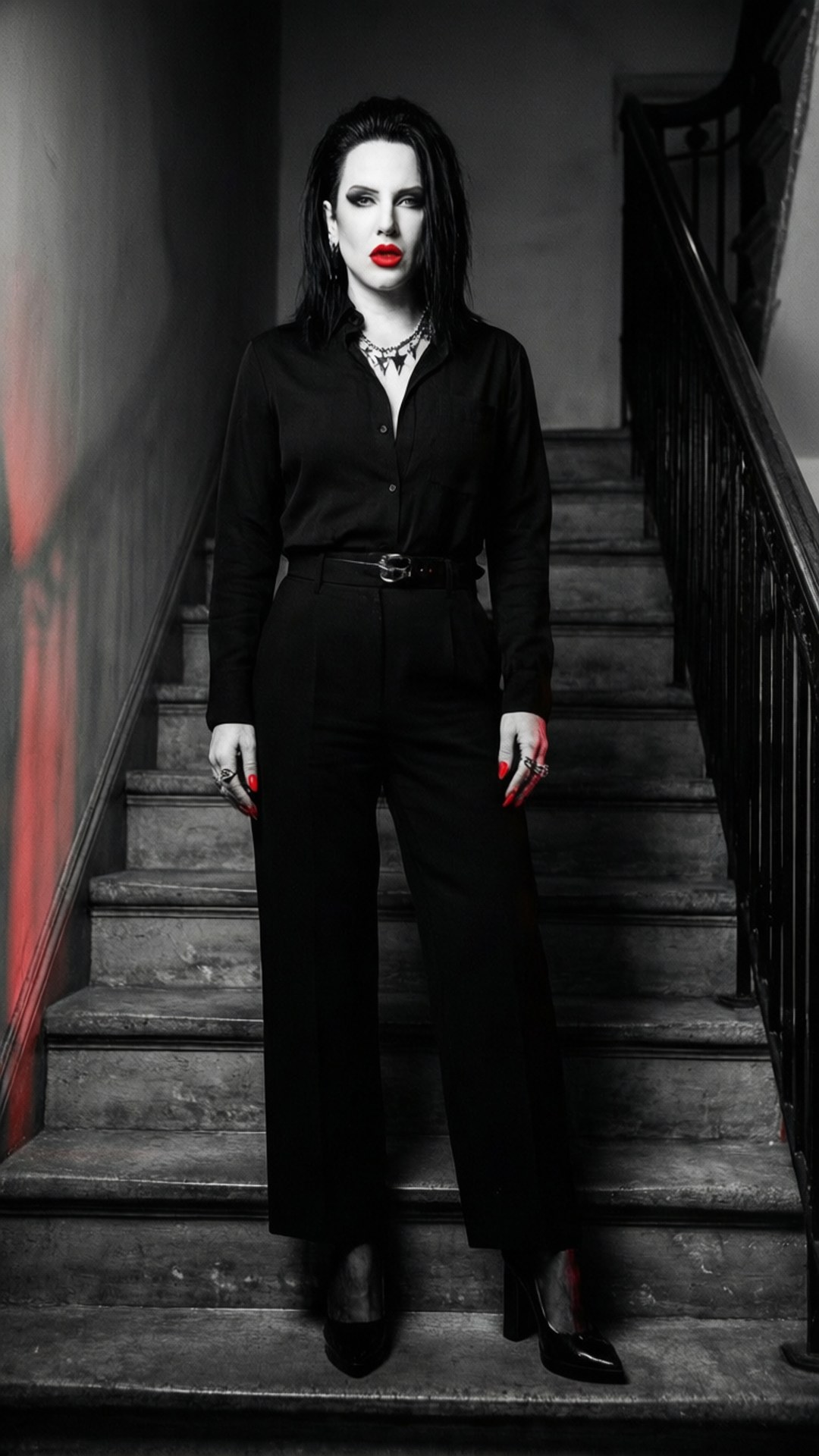 一位身穿黑色服裝、紅唇紅指甲的女性，站在紅色牆壁旁的石階上。