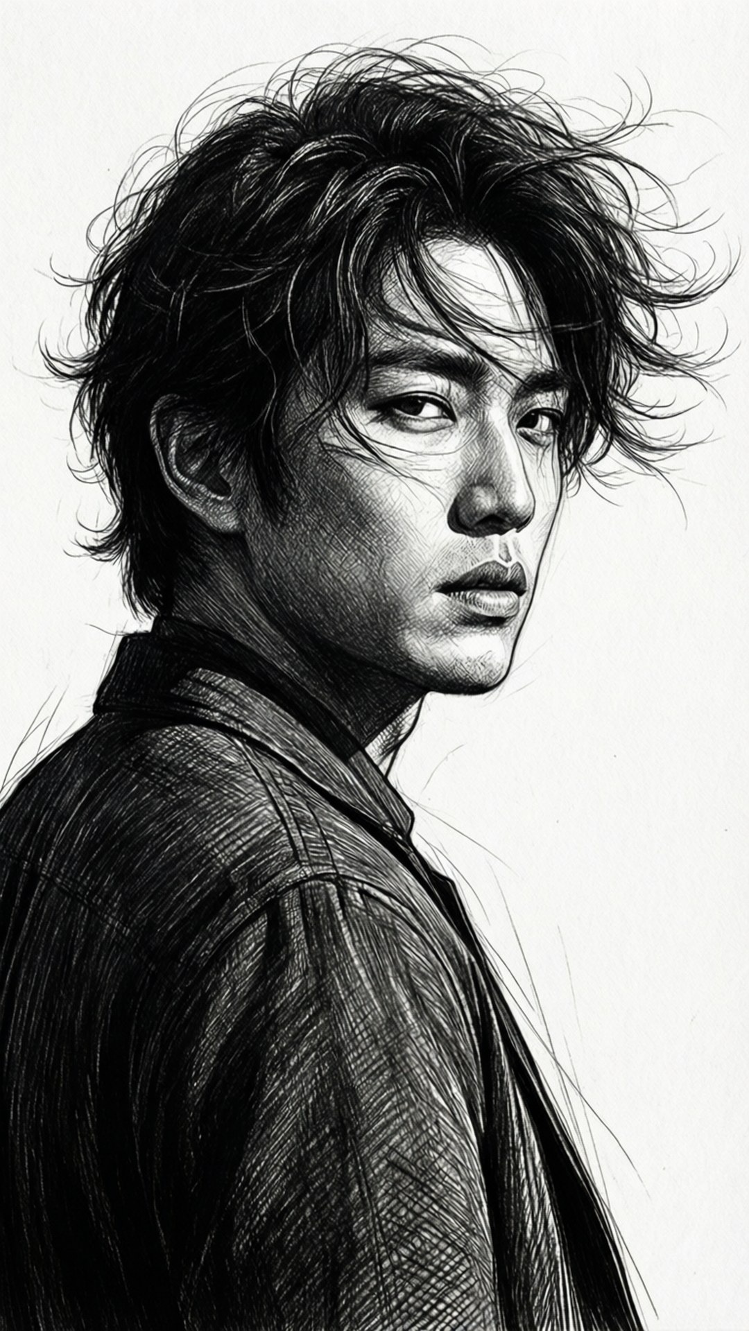 一個頭髮蓬亂的男人穿著質感外套在黑白素描中回頭看。