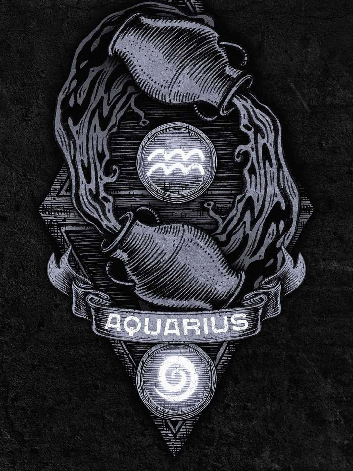 aquarius 桌布 壁紙 — 單色插圖風格的水瓶座星座徽章，帶有流動的水和發光符號，背景為紋理深色。