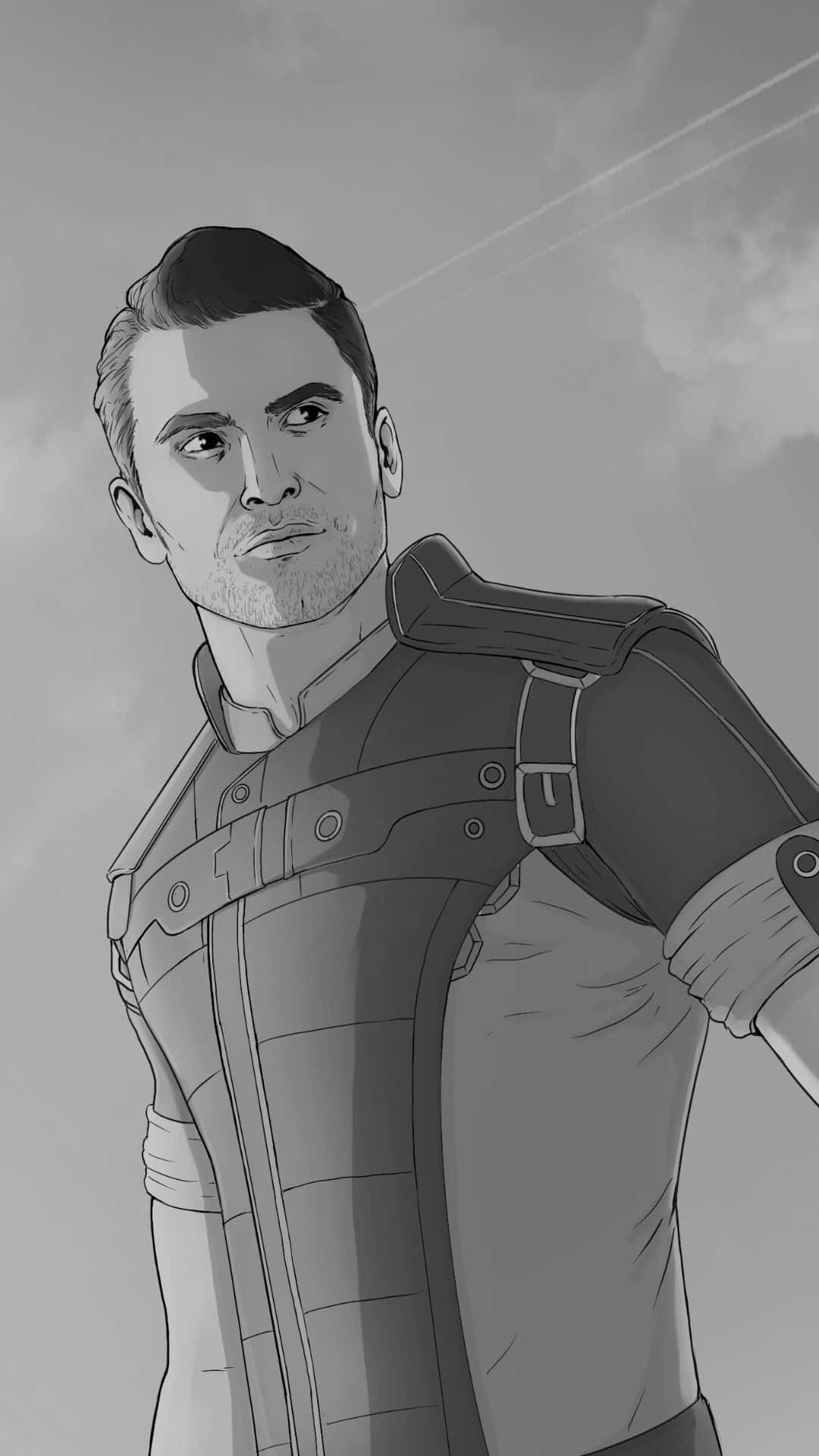 Kaidan Alenko 桌布 壁紙 — 一個黑白插圖中的戰術裝備男子，仰望帶有微弱凝結尾跡的多雲天空。