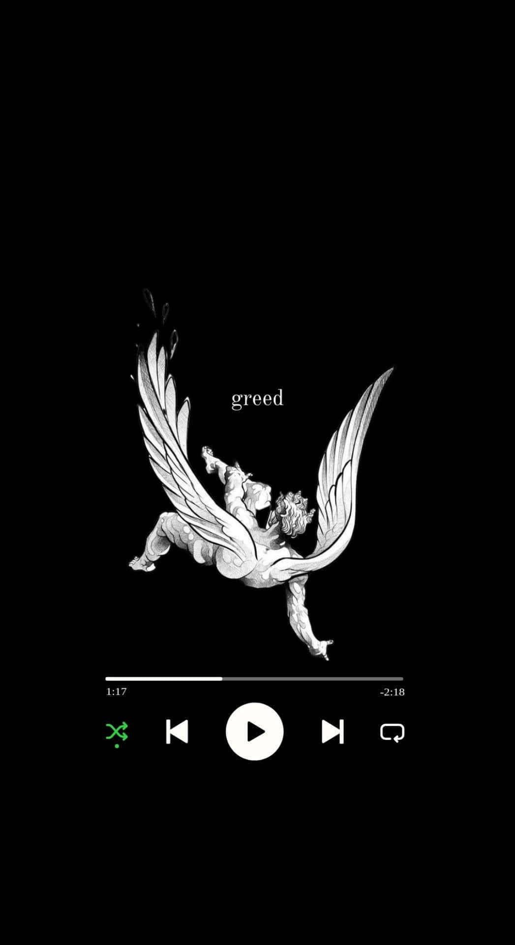  壁紙 — 一個黑白插圖，描繪一個帶有翅膀的人物，標有「greed」，背景為黑色，並帶有音樂播放器界面。