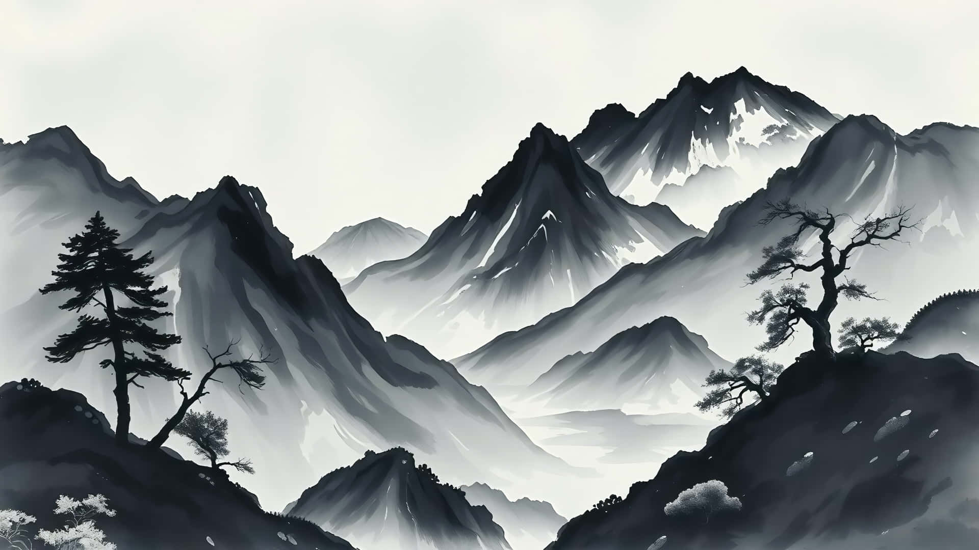 以傳統水墨風格繪製的寧靜單色山水畫，描繪了松樹和雲霧繚繞的山峰。 — 桌面 壁紙
