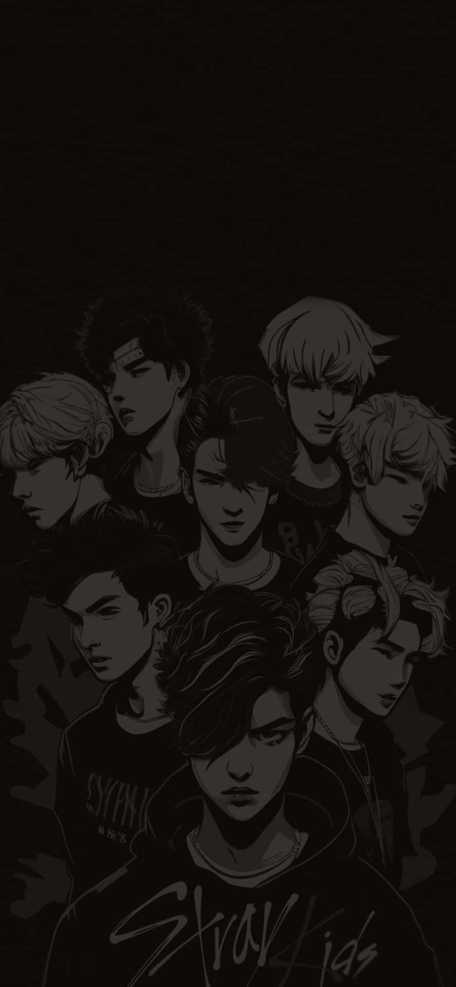 單色動漫風格肖像，描繪一個K-pop組合帶有嚴肅表情。 — Stray kids GIF 壁紙