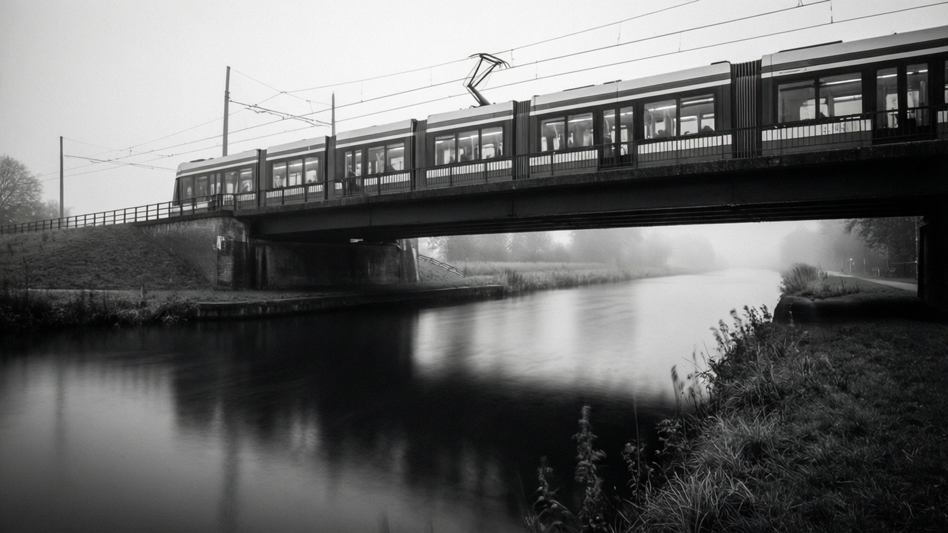 火車駛過霧河上的橋，平靜的水面倒影