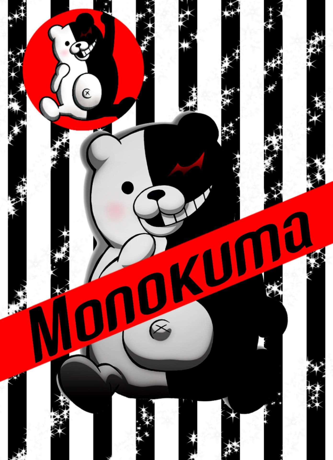 動漫熊角色Monokuma，臉半黑半白，眼睛紅色，在條紋背景上。
