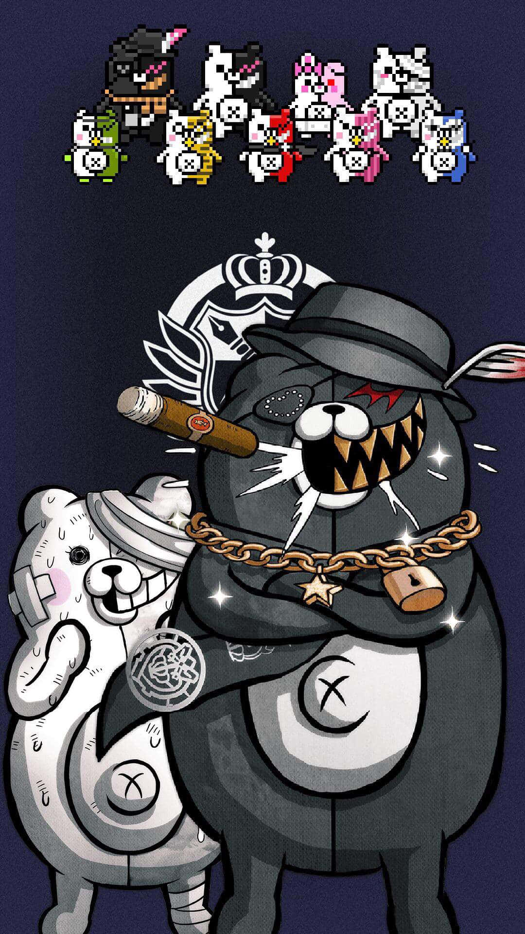 Monokuma Danganronpa Another Episode遊戲 壁紙 — 一隻帶有雪茄和鎖鏈的威嚇性像素藝術熊站在一隻白熊旁邊，它們上方有一排像素角色，背景為深藍色。