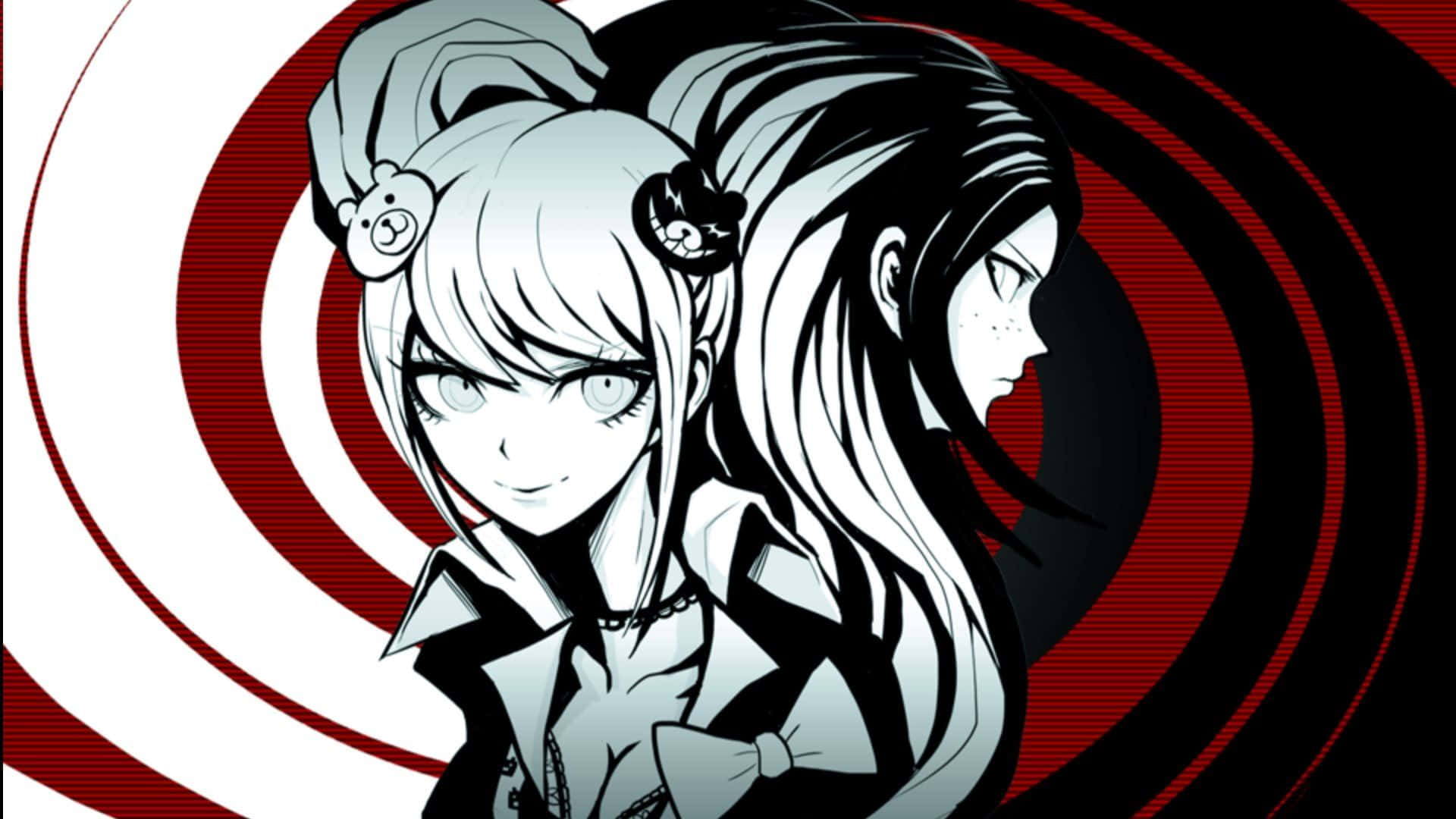 別讓 Monokuma 成為你的主人 壁紙 — 兩個動漫女孩正面和側面，對著催眠的紅白螺旋背景。