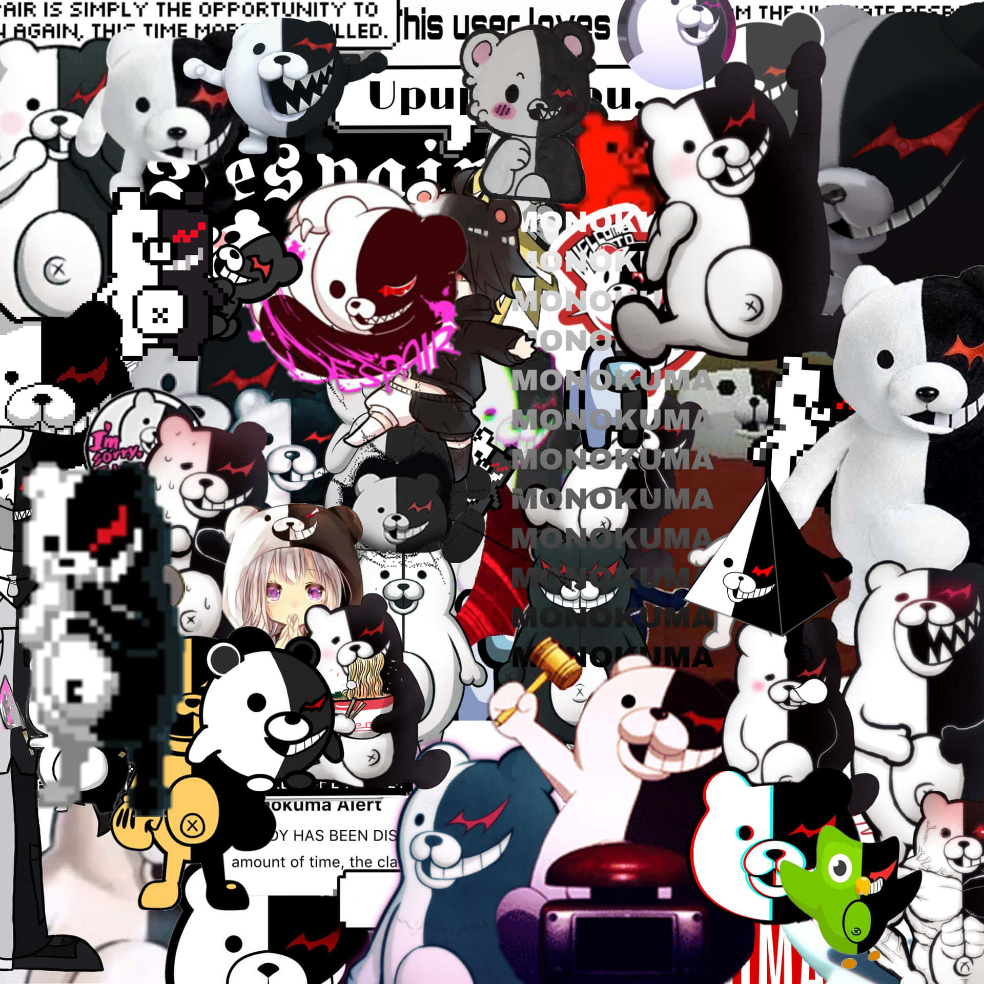 Danganronpa Monokuma 角色在一個帶有故障文字疊加的拼貼畫中。
