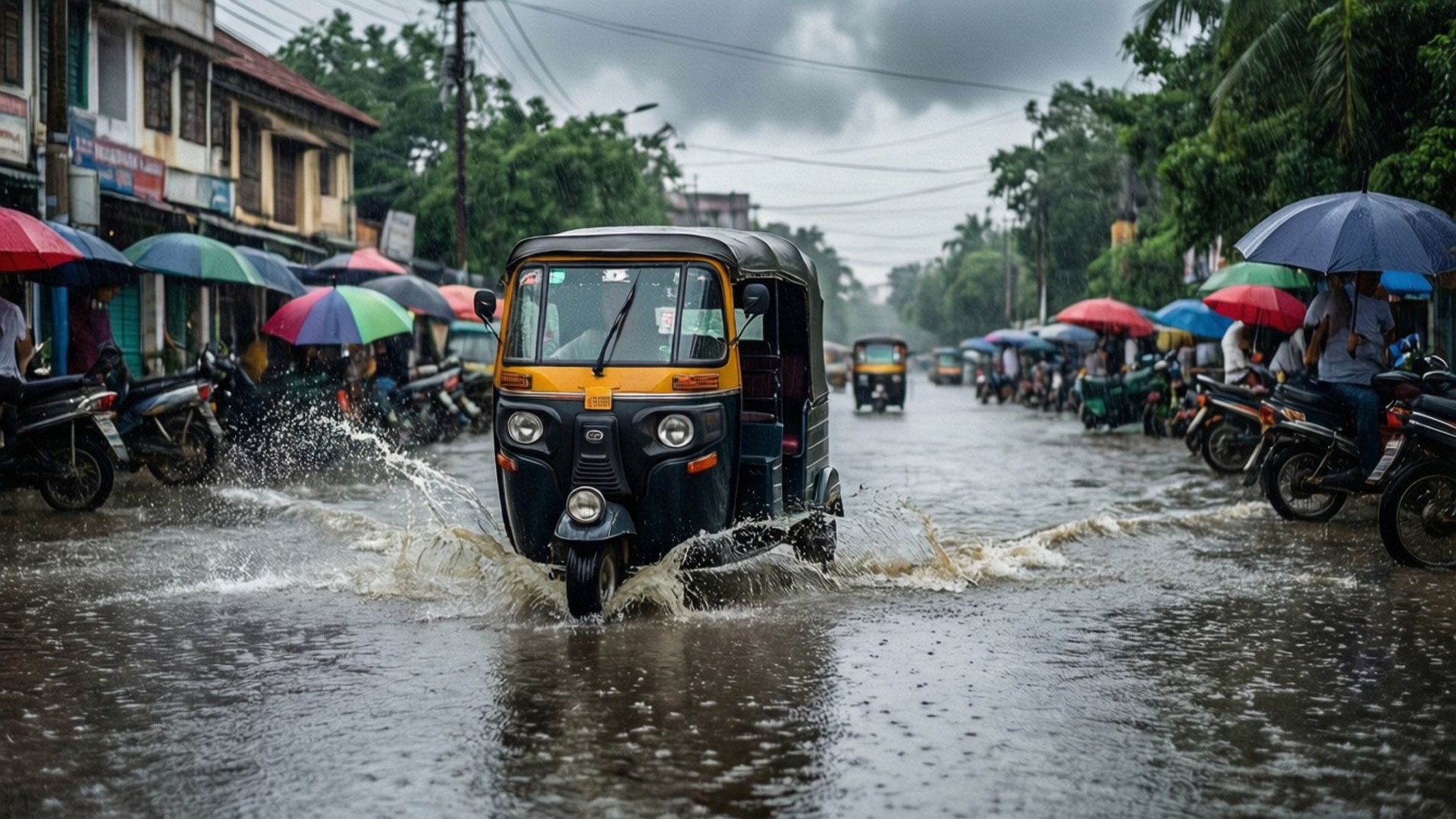 自動人力車在淹水的街道上行駛，人們撐著雨傘