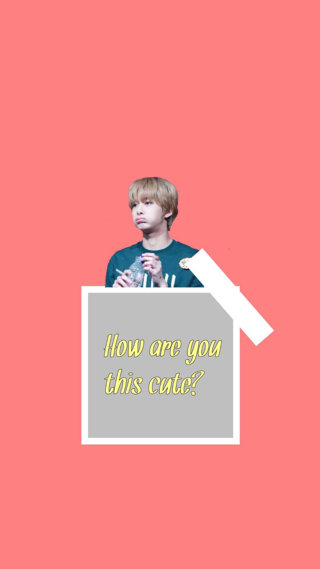Monsta X Hyungwon 可愛造型 壁紙 — 一位金髮年輕男子從灰色標語牌後探出頭來，標語牌上寫著「你怎麼這麼可愛？」，背景是珊瑚粉色。